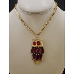 Vintage Super Cute Glass Rhinestone Articulating Owl Pendant Necklace (A3948)
